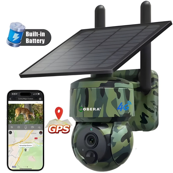 Камера за наблюдение goBERA, GPS, 3MP, 4G, 5w соларен панел, IR 940NM, нощно виждане, панорамно накланяне 355°/90°, PTZ ъгъл, PIR детекция на движение, двупосочно аудио, IP66, 7800mAh батерия, 3,6 mm обектив
