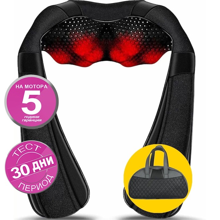 Масажор Techniker NM 01 BK + Чанта, Шиацу масаж, Затопляща функция, 12V/220V, 3 нива на изтензивност, Смяна на посоката на въртене на масажните глави, Зарядно за кола, Чанта в комплекта Черен