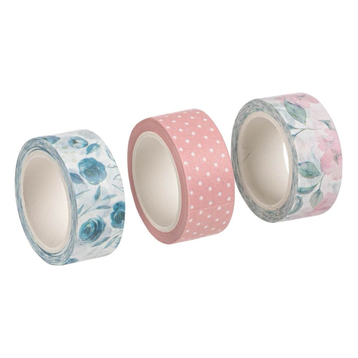Set 3 Benzi Adezive Washi, 1.5 cm x 5 m, Parfum de Trandafiri, Motive Florale si Puncte, Pentru Scrapbooking si Crafting