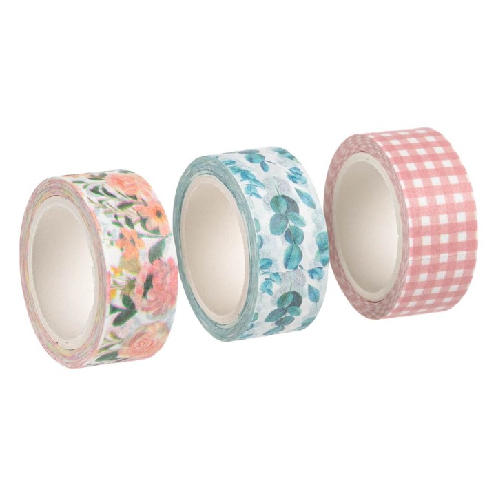 Set 3 Benzi Adezive Washi, 1.5 cm x 5 m, Parfum de Piersica, Motive Florale si Carouri, Pentru Scrapbooking si Crafting