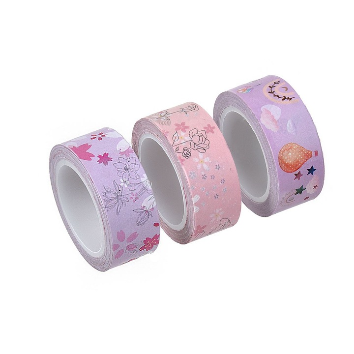 Set 3 Benzi Adezive Washi, 1.5 cm x 5 m, Motive Florale si Curcubeu, Pentru Scrapbooking si Proiecte DIY