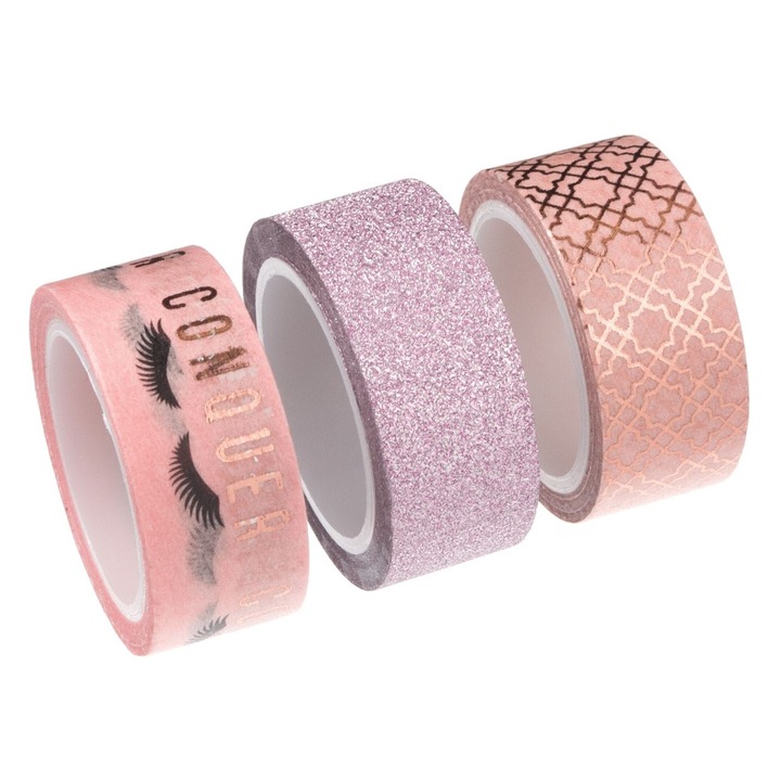 Комплект 3 ролки с тиксо Wash, розово и златисто с брокат, размери 5 м x 1,5 см