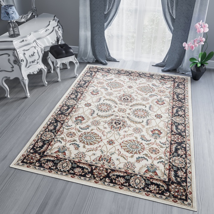 Covor, Tapiso, Dubai, Dimensiune 160x220 cm, Material Polipropilena, Destinat Pentru Camera De Zi/Dormitor/Hol, Design Clasic, Inaltime Fir 10 mm, Fir Scurt, Forma Dreptunghi, Pentru Intens Trafic, T598B, Alb/Bej/Negru