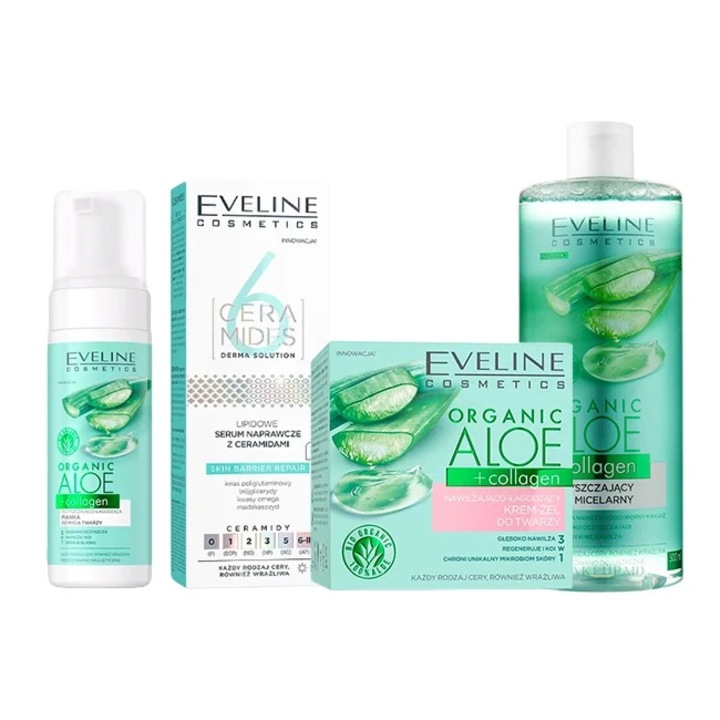 Eveline Collagen Revive bőrápoló szett, Hidratáló és nyugtató krém-gél, 50 ml + Micellás víz, 500 ml + Tisztító és Nyugtató tisztító hab, 150 ml + Lipid javító szérum ceramidokkal, 6 Ceramid, 30 ml
