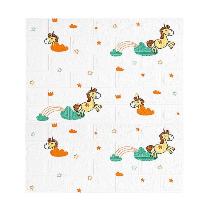 Set 10 Placi Tapet 3D, GIMASE, 70 x 77 cm, Grosime 3 mm, din Polietilena, Tip Caramida, Model Unicorni, Suprafata acoperita 5.3 mp, Alb