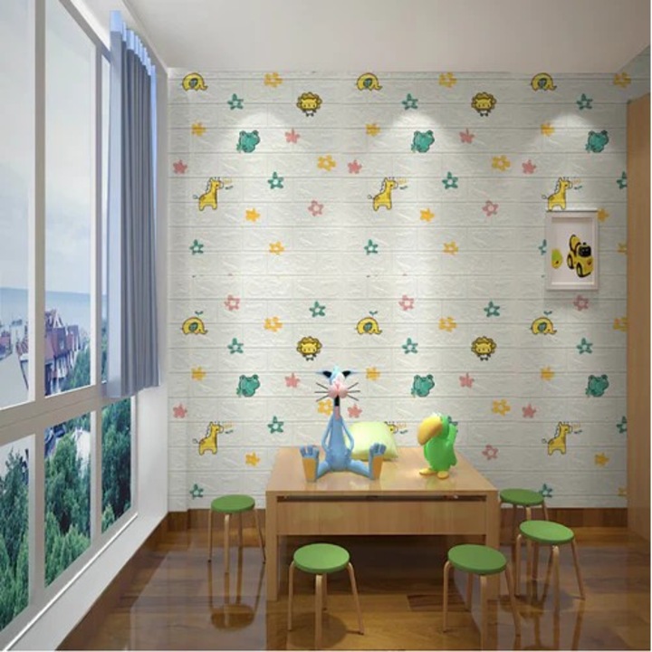 Set 10 Placi Tapet 3D, Southern Sky, 70 x 77 cm, Grosime 3 mm, din Polietilena, Tip Caramida, Model Animalute si Floricele, Suprafata acoperita 5.3 mp, Alb