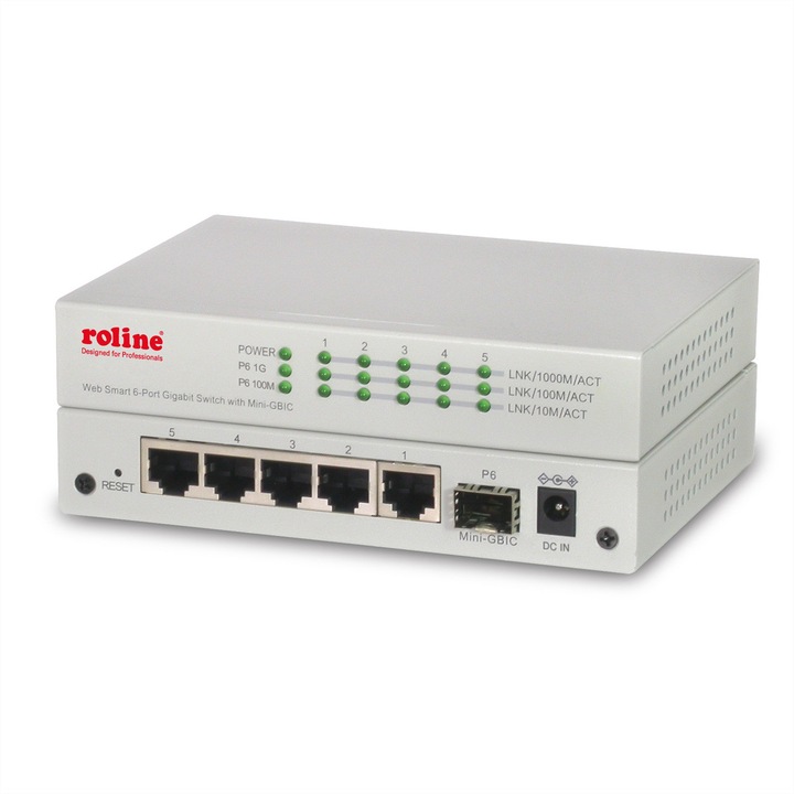Gigabit Ethernet switch, Roline, fém, 6 port, ezüst