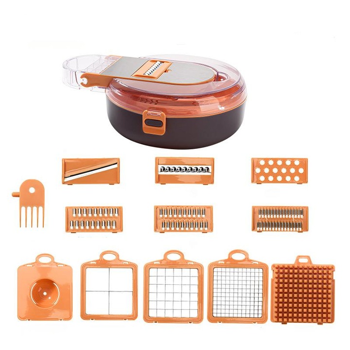 Feliator manual 9 in 1, Wanvislin, 8 lame, portocalie, 30x24x9.2cm, cu recipient si protectie pentru mana