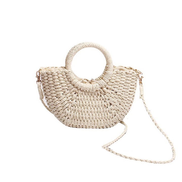Félkör alakú szalmatáska, kézzel szőtt női, retro nyári strandtáska, tengerparti utazótáska, fehér