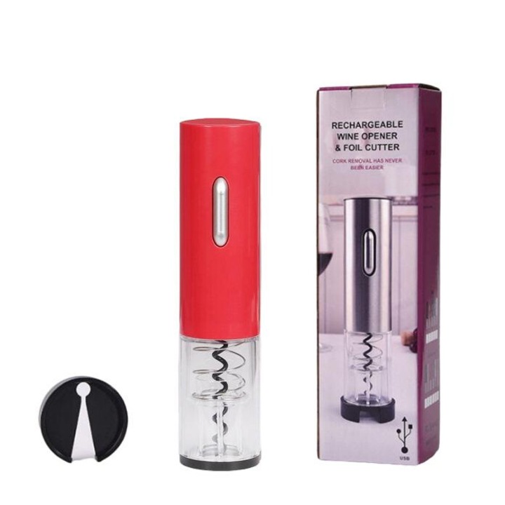 Desfacator electric de vin, set cu taietor de folie si cablu USB, rosu, 19.7x4.5cm