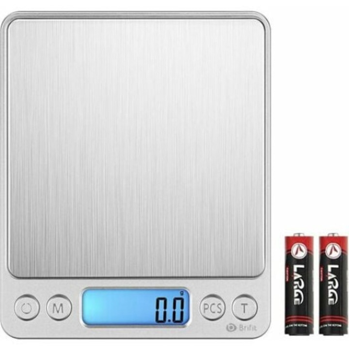 Cantar de precizie, BGHYHYHI, 3kg/0.1g, display LCD iluminat, functie de numarare, argintiu, dimensiuni 12.7x10.6x1.9cm