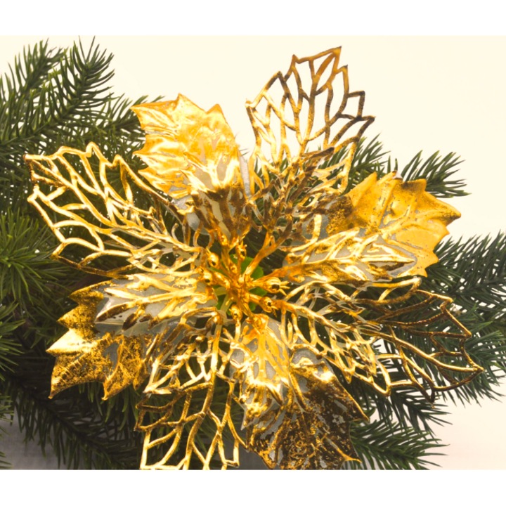 Floare aurie de Craciun, VERSAGO, decoratiune pentru brad sau aranjamente, set cu 5 bucati