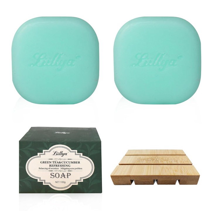 Комплект от два ръчно изработени био сапуна с бамбукова сапунерка, зелен чай и краставица