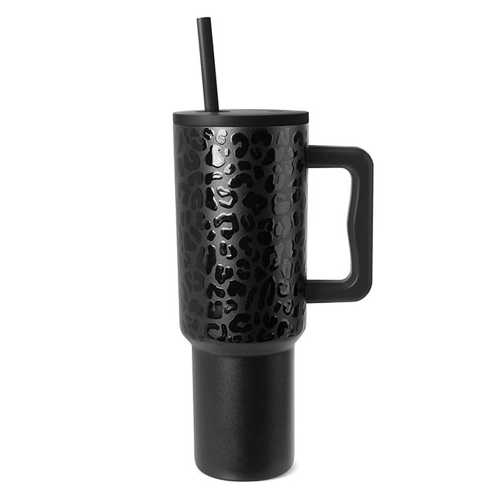 Термос чаша с дръжка и капак от сламка, 1,2 л, двуслойна, черен