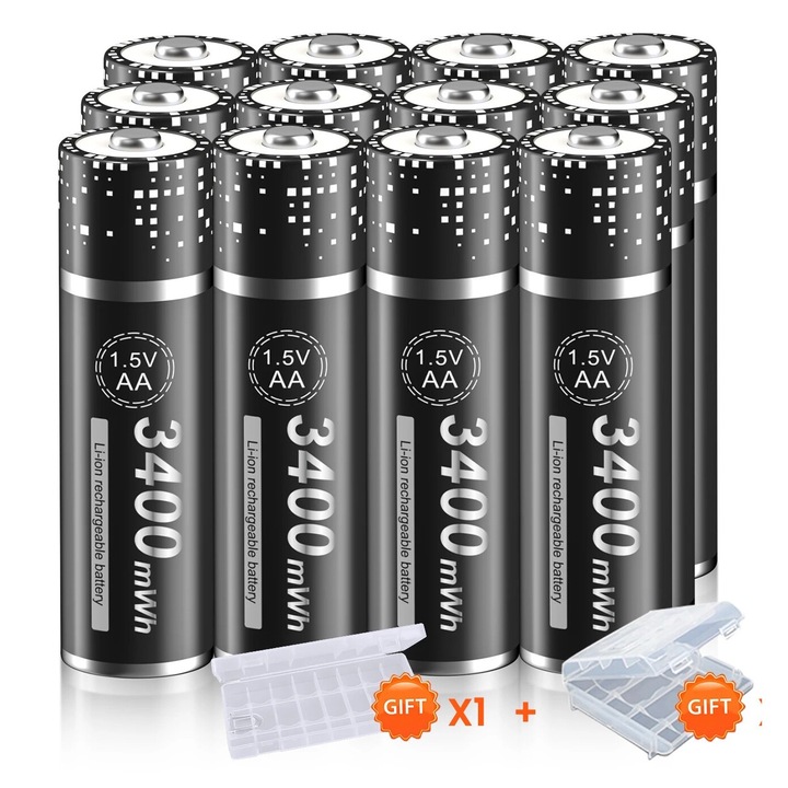 Set 12 Baterii AA, PALO, 3400 mWh, 1.5V, Li-Ion, Reincarcabil, Negru