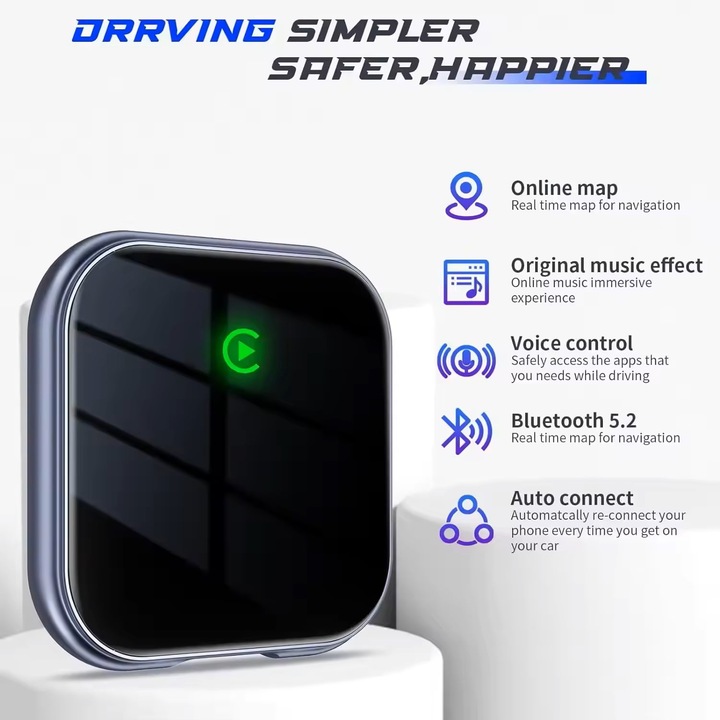 Auto Carplay és Android Auto Wireless 2 az 1-ben MOGODA® adapter, kompatibilis IOS 10+ és Android 11+, WiFi 2, 4 GHz és 5 GHz, AI processzor, autókhoz gyári Carplay/Android auto kábelen keresztül, Plug and Play, USB csatlakozás - Légkondicionáló, fekete