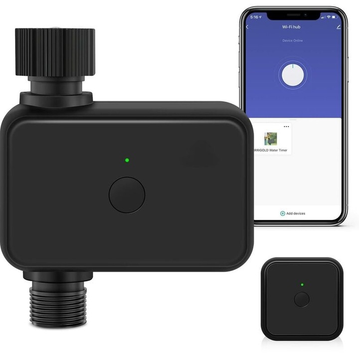 Интелигентен таймер за поливане с Wi-Fi, Longziming, пластмаса, 15 програми за напояване, управление чрез приложение, черен