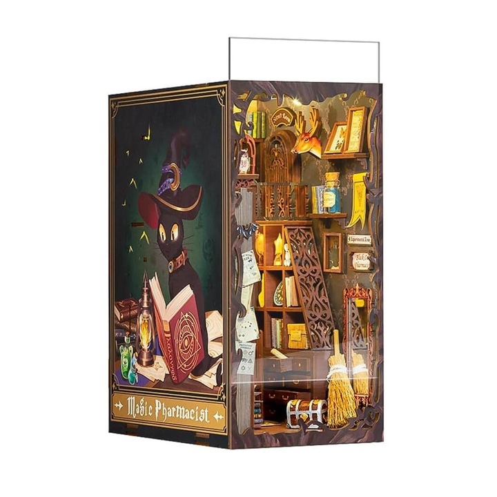 Puzzle 3D 282 piese, Cotor de carte cu lumini LED, Book Nook cu buton touch, pentru copii si adulti