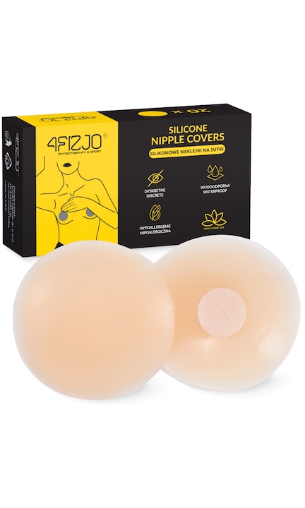 Set de adezivi din silicon pentru sfarcuri, 4FIZJO, placut pentru piele, dimensiune universala, forma picaturii, inlocuire discreta a sutienului, material rezistent la apa si durabil, 20 bucati, diametru 6.5 cm, Silicon cosmetic, Bej
