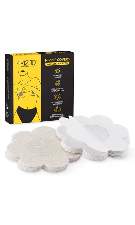 Set de adezivi din bumbac pentru sfarcuri, 4FIZJO, dimensiune universala, impermeabil, placut pentru piele, inlocuire discreta a sutienului, forma de floare, 20 bucati, diametru 7.5 cm, Bumbac/Silicon cosmetic, Bej
