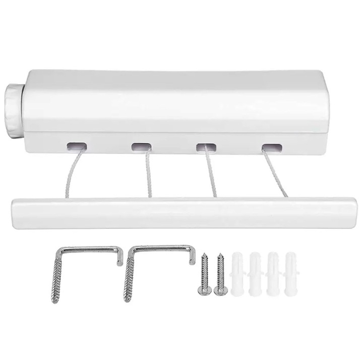 Uscator De Rufe GREATON Cu 4 Sfori Retractabile, Extensibil, Montare Pe Perete, Pentru Interior/Exterior, 3.2 Metri, Accesorii Montaj Si Carlige Incluse, Alb