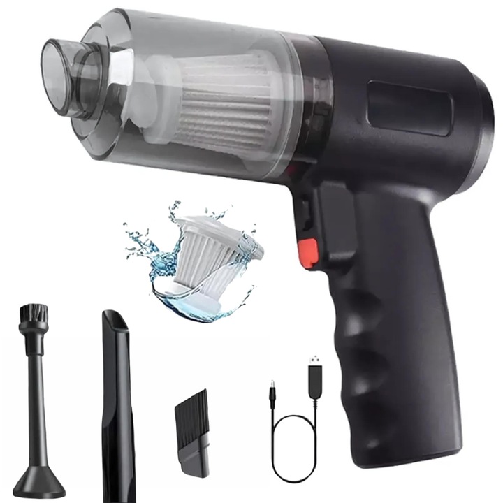 Mini aspirator portabil 3 in 1 pentru casa si masina, accesori multifunctionale incluse, putere de aspirare puternica, filtru gros lavabil, model negru