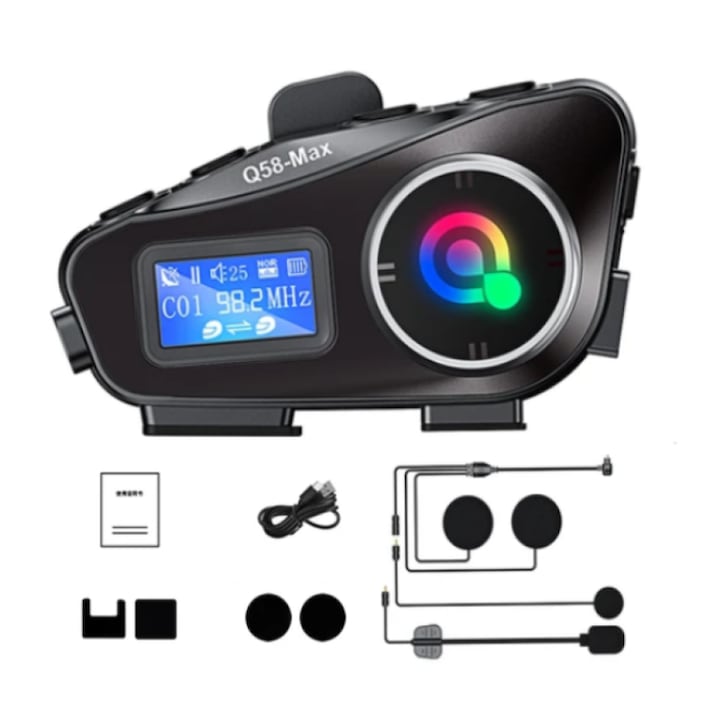 Sistem de comunicare pentru motocicleta cu camera, WALALLA, 2 in 1, inregistrare video 1080P, intercom 1000m, rezistent la apa IPX6, negru
