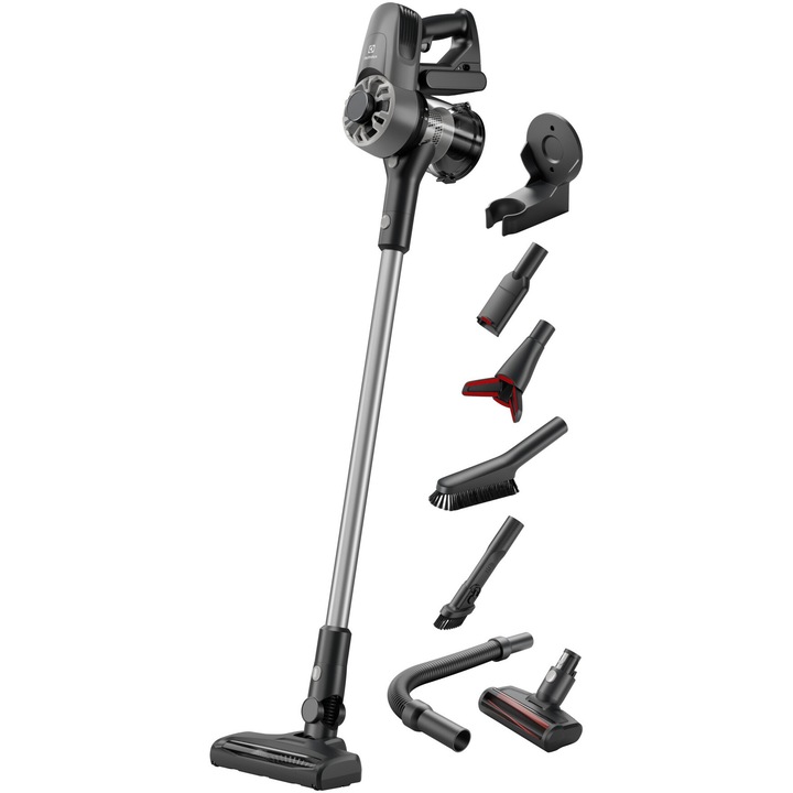 Вертикална прахосмукачка Electrolux Series 300 EP31CB21GP, 21.6V, 2000 mAh, Kонтейнер за прах 0.5 л, Тръба от inox, Накрайник за косми от домашни любимци, тесни пространства, деликатни зони, 79 dB, Автономност макс. 40 минути, Тъмносив