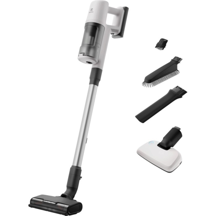 Вертикална прахосмукачка Electrolux Series 600 EP61HB21UV, 21.6V, 2500 mAh, Контейнер за прах 0.5 л, Тръба inox, PowerPro четка за много повърхности с LED, BedPro с UV светлина, 79 dB, автономност до 50 минути , White SHELL