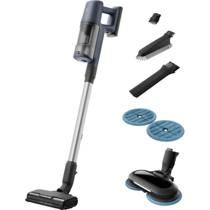 Вертикална прахосмукачка Electrolux Series 600 EP61H21WET, 21.6V, 2500 mAh, Контейнер за прах 0.5 л, Тръба, PowerPro четка за много повърхности с LED, четка PowerPro MOP с 4 въртящи се кърпи в комплекта, 79 dB, Автономност 50 минути, Denim blue