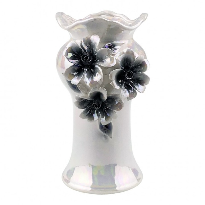Vaza din ceramica cu gura ondulata si flori in relief negre 10x19 cm
