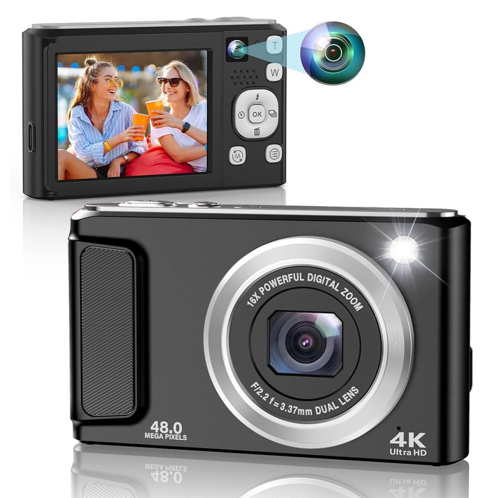 Digitális fényképezőgép, RASK, első és hátsó kamerával, 4K, 48MP, 16x zoom, automatikus fókusz, rázkódásgátló, fekete