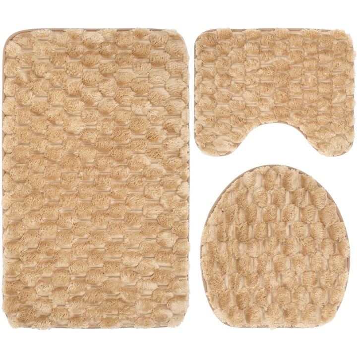 Set 3 Covorase Baie FizioTab®, Microfibra, Spuma cu Memorie, 80x50, 50x40, 40x45, Antiderapante, Bej
