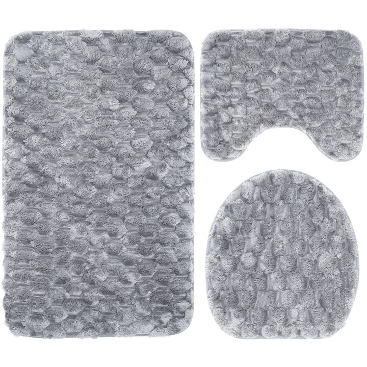 Set 3 Covorase Baie FizioTab®, Microfibra, Spuma cu Memorie, 80x50, 50x40, 40x45, Antiderapante, Gri deschis