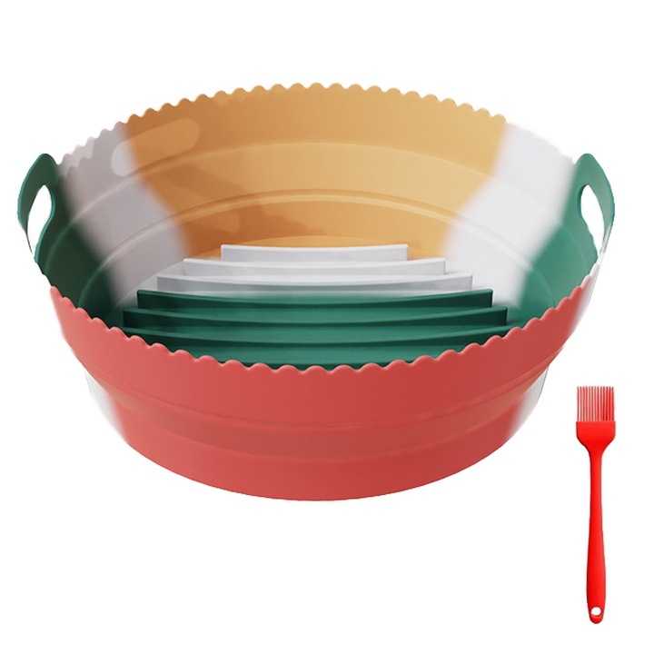 Folie pliabila din silicon pentru friteuza cu aer, Momcbebe, rotund, colorat, 21.5x21.5x7cm, cu pensula pentru ulei