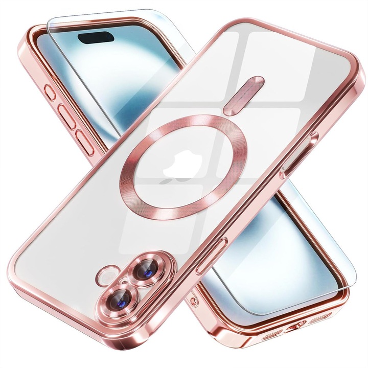 Husa Luxury Magnetica compatibila cu Apple iPhone 16 Plus, protectie camera, Margini colorate, Roz Gold