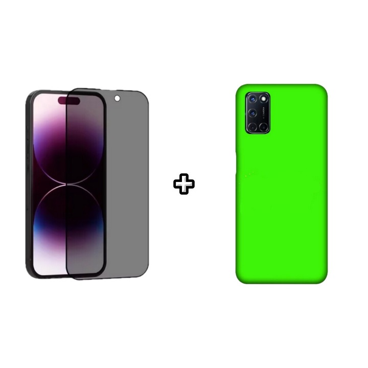 Set Husa Silicon plus Folie din sticla Privacy compatibila cu OPPO A72, verde neon, HQM Protection