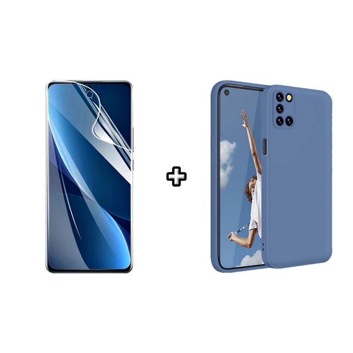 Set Husa Silicon plus Folie din sticla Transparenta compatibila cu OPPO A54 5G, albastra, HQM Protection
