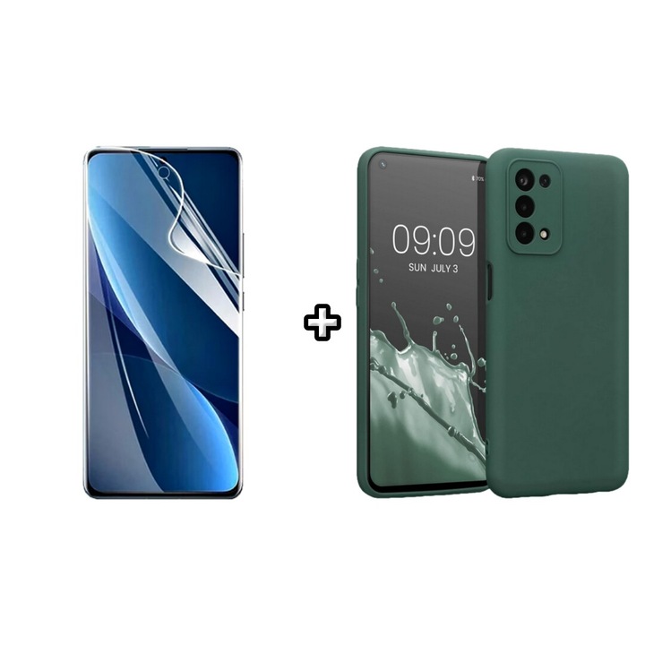 Set Husa Silicon plus Folie din sticla Transparenta compatibila cu OPPO A54 5G, verde inchis, HQM Protection
