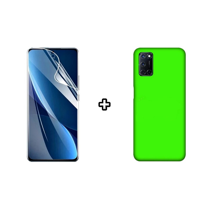 Set Husa Silicon plus Folie din sticla Transparenta compatibila cu OPPO A54 5G, verde neon, HQM Protection