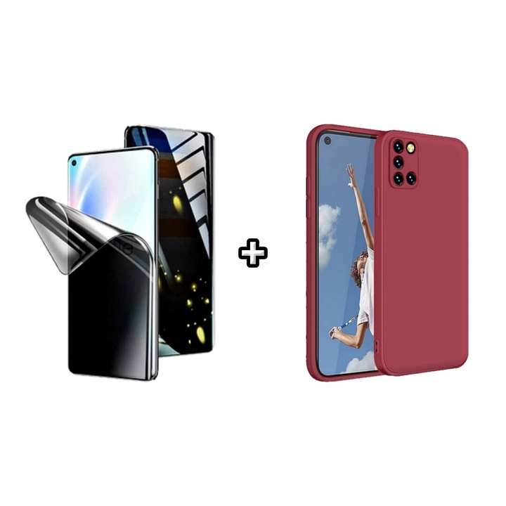 Set Husa Silicon plus Folie din silicon Privacy compatibila cu OPPO A72, visinie, HQM Protection