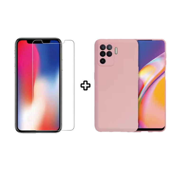Set Husa Silicon plus Folie din sticla transparenta compatibila cu OPPO Reno5 Lite, roz pudra, HQM Protection