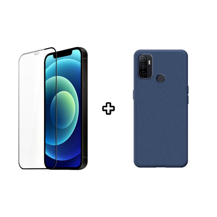 Set Husa Silicon plus Folie din silicon transparenta compatibila cu OPPO A53, albastra, HQM Protection