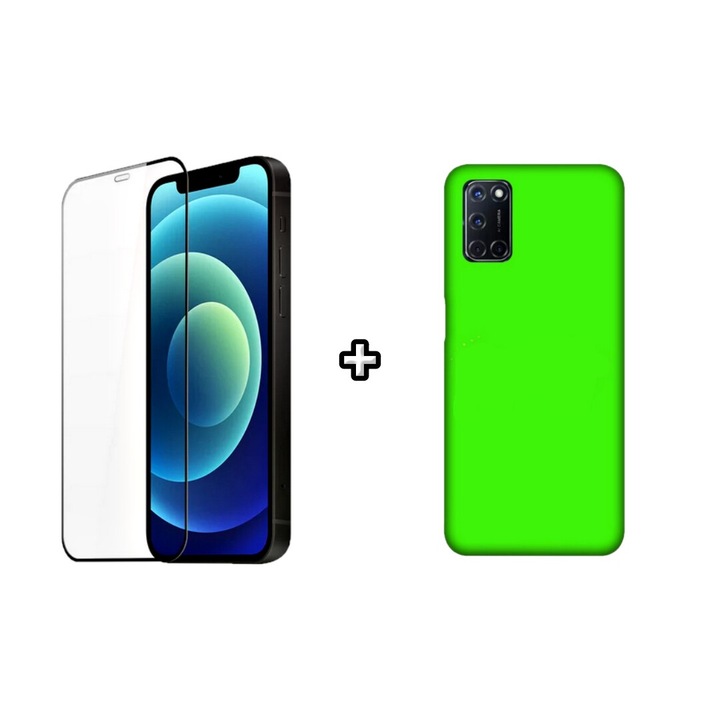 Set Husa Silicon plus Folie din silicon transparenta compatibila cu OPPO A54 5G, verde neon, HQM Protection