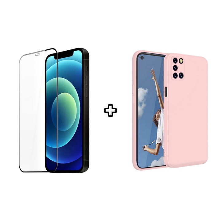 Set Husa Silicon plus Folie din silicon transparenta compatibila cu OPPO A72, roz pudra, HQM Protection