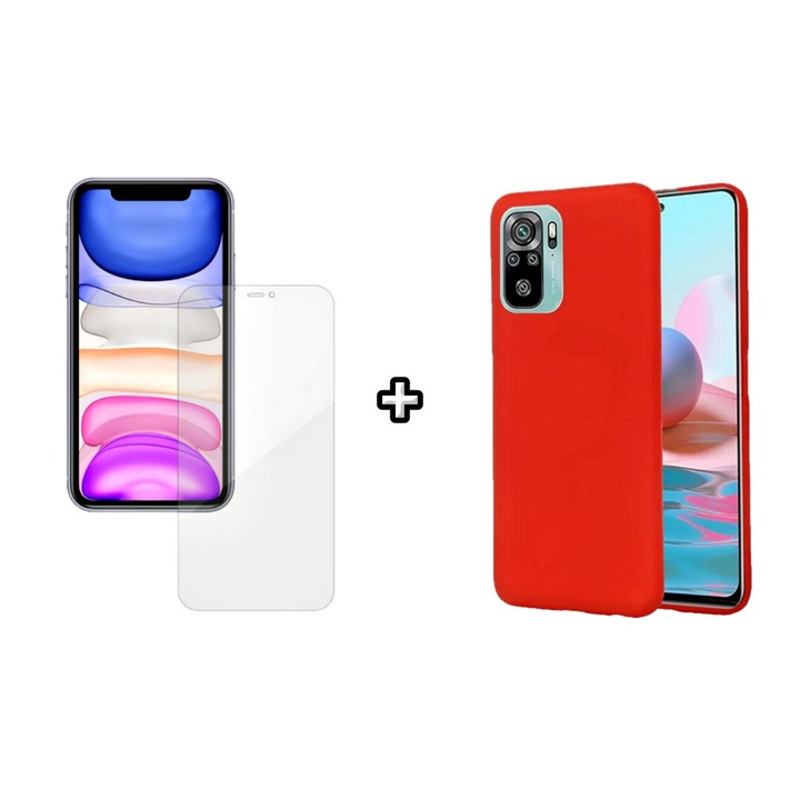 Set Husa Silicon plus Folie din silicon Case Friendly compatibila cu Xiaomi Redmi Note 10 Pro, rosie, HQM Protection