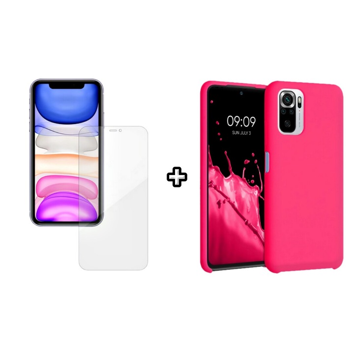 Set Husa Silicon plus Folie din silicon Case Friendly compatibila cu Xiaomi Redmi Note 10 Pro, roz neon, HQM Protection