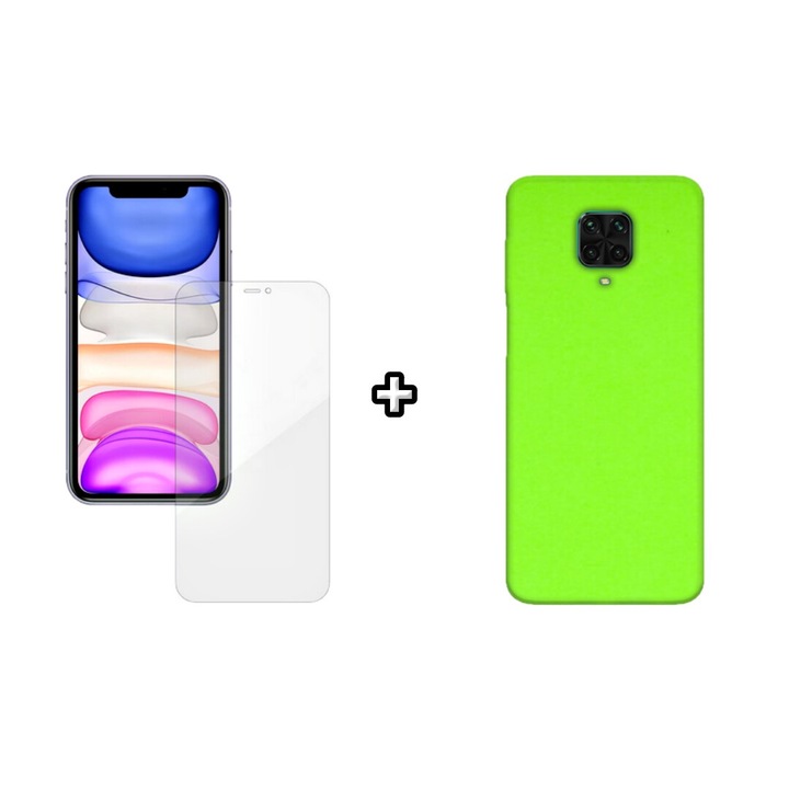 Set Husa Silicon plus Folie din silicon Case Friendly compatibila cu Xiaomi Redmi Note 9 Pro, verde neon, HQM Protection