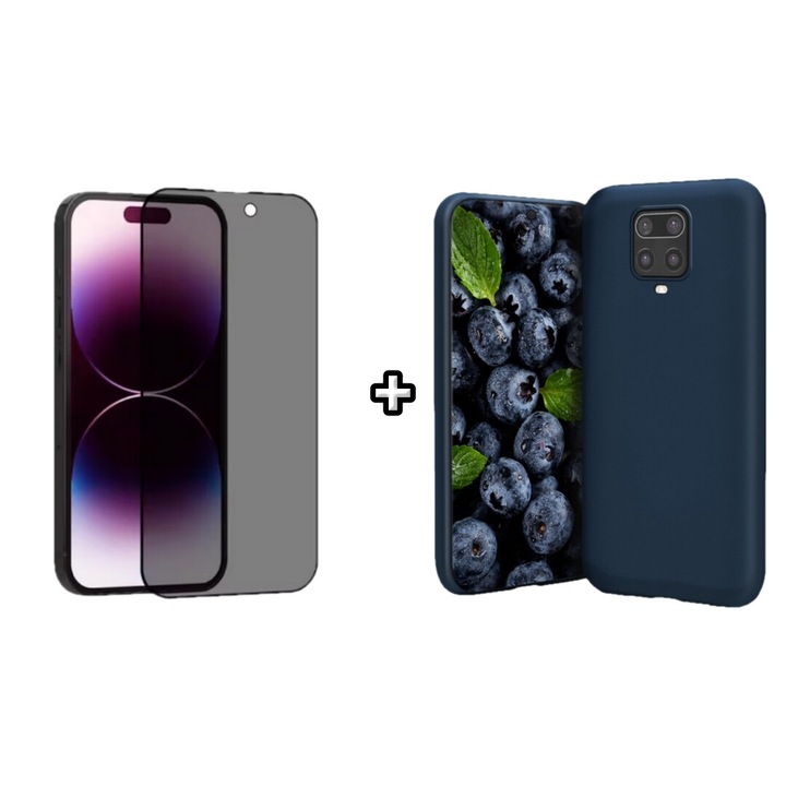 Set Husa Silicon plus Folie din sticla Privacy compatibila cu Xiaomi Redmi Note 9 Pro, albastra, HQM Protection