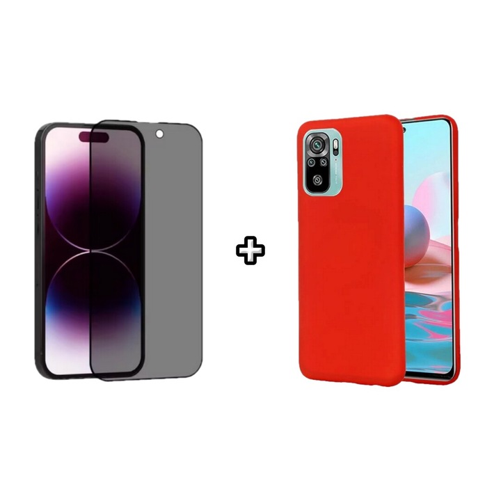 Set Husa Silicon plus Folie din sticla Privacy compatibila cu Xiaomi Redmi Note 10 Pro, rosie, HQM Protection